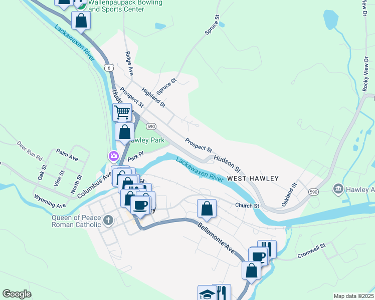 map of restaurants, bars, coffee shops, grocery stores, and more near 521 Hudson Street in Hawley
