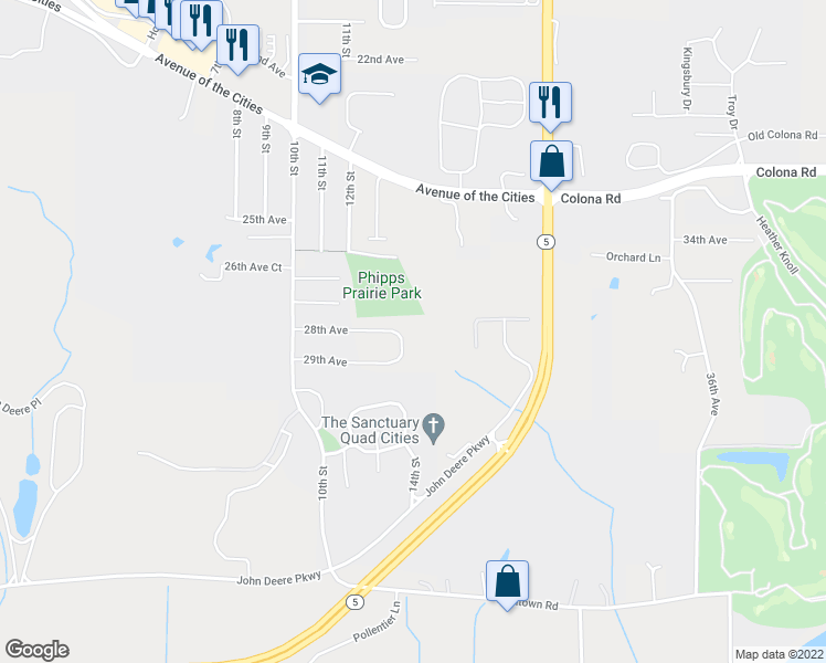 map of restaurants, bars, coffee shops, grocery stores, and more near 1301 28th Avenue in Silvis