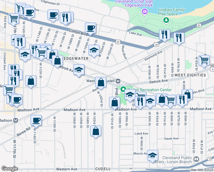 map of restaurants, bars, coffee shops, grocery stores, and more near 10119 Detroit Avenue in Cleveland