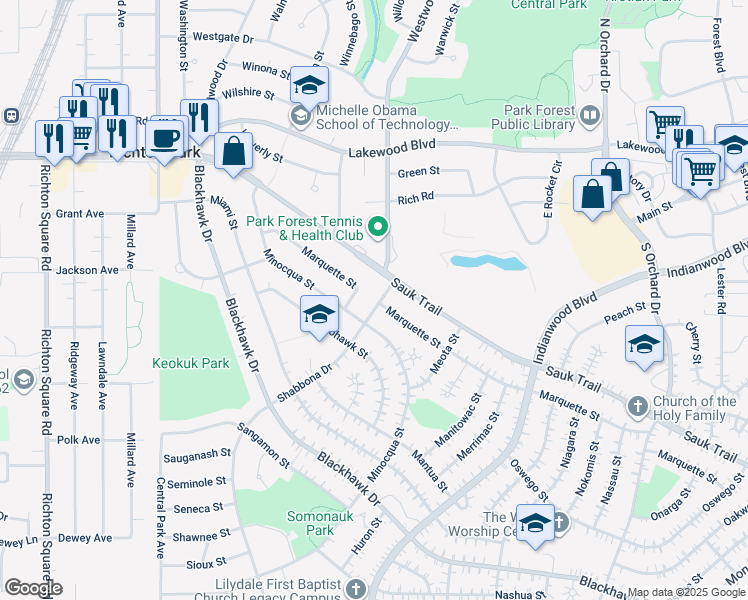 map of restaurants, bars, coffee shops, grocery stores, and more near 308 Shabbona Drive in Park Forest