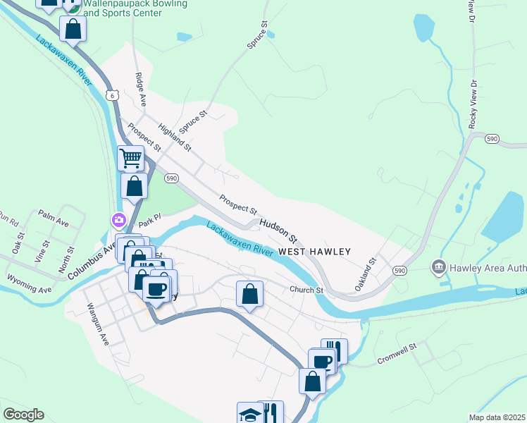 map of restaurants, bars, coffee shops, grocery stores, and more near 555 Prospect Street in Hawley