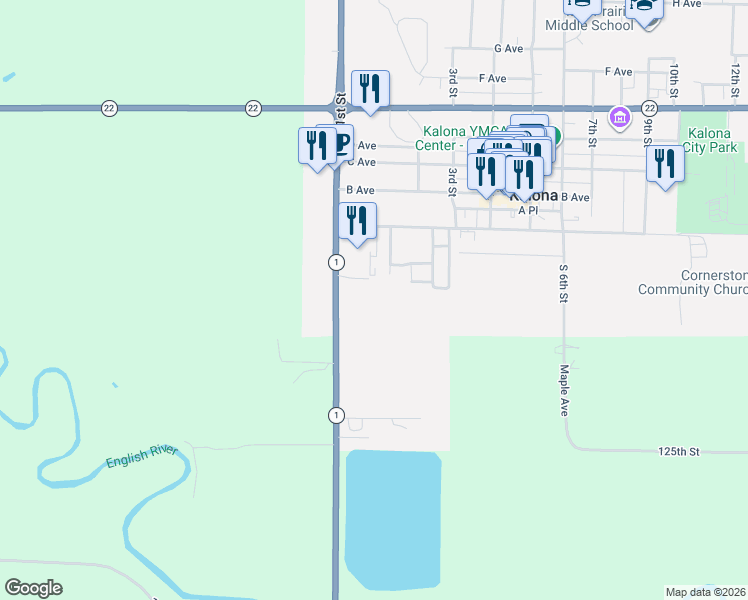 map of restaurants, bars, coffee shops, grocery stores, and more near 202 1st Street in Kalona