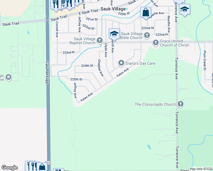 map of restaurants, bars, coffee shops, grocery stores, and more near 22481 Yates Avenue in Sauk Village