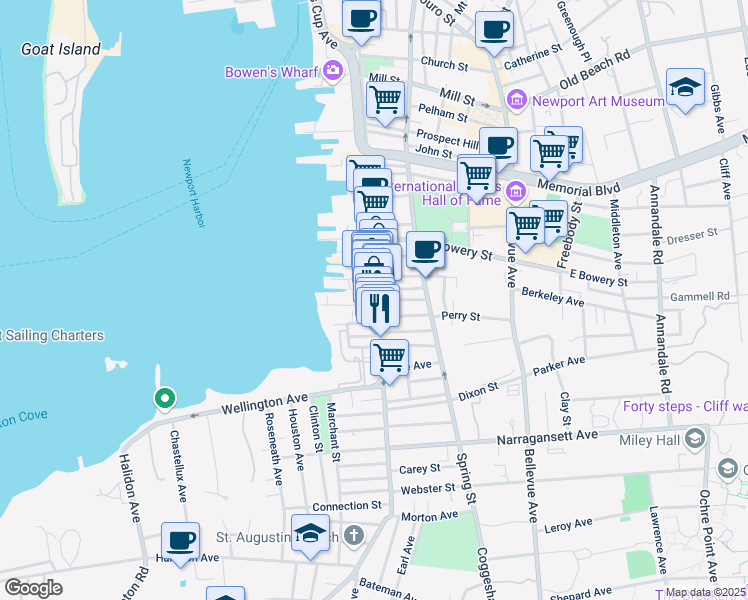 map of restaurants, bars, coffee shops, grocery stores, and more near 501 Thames Street in Newport