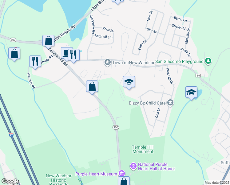 map of restaurants, bars, coffee shops, grocery stores, and more near Temple Hill Road in Orange County