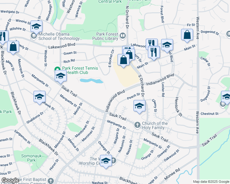 map of restaurants, bars, coffee shops, grocery stores, and more near 234 Indianwood Boulevard in Park Forest
