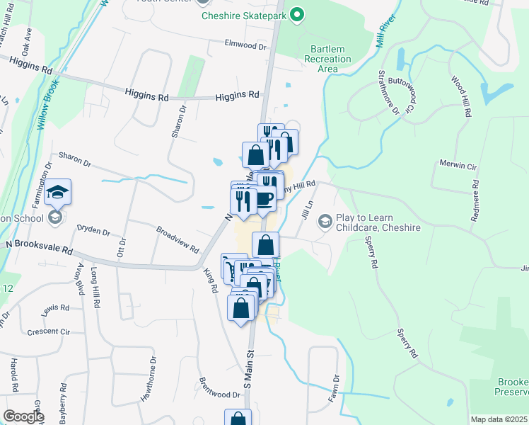 map of restaurants, bars, coffee shops, grocery stores, and more near 943 South Main Street in Cheshire