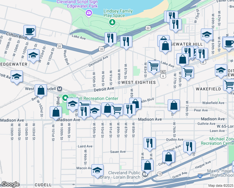 map of restaurants, bars, coffee shops, grocery stores, and more near 8901 Detroit Avenue in Cleveland