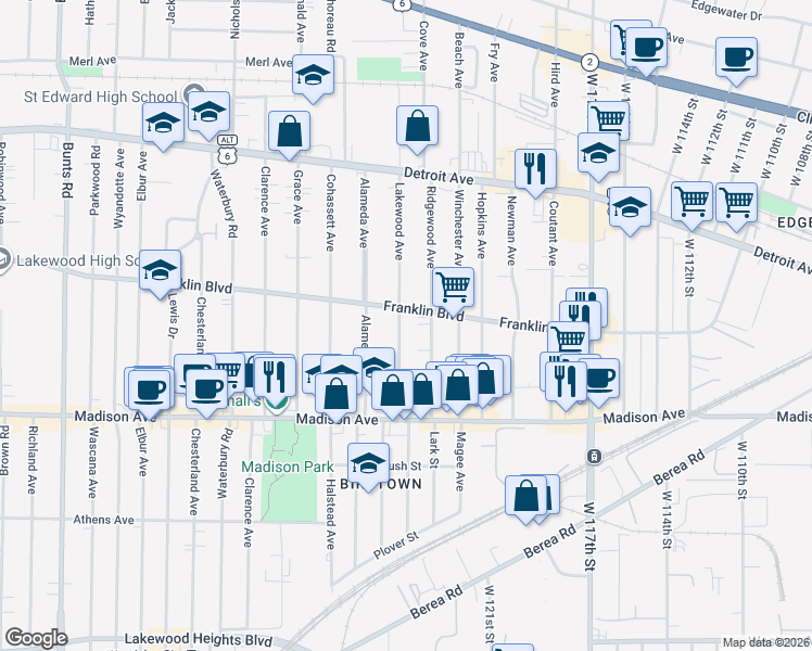map of restaurants, bars, coffee shops, grocery stores, and more near 1566 Ridgewood Avenue in Lakewood