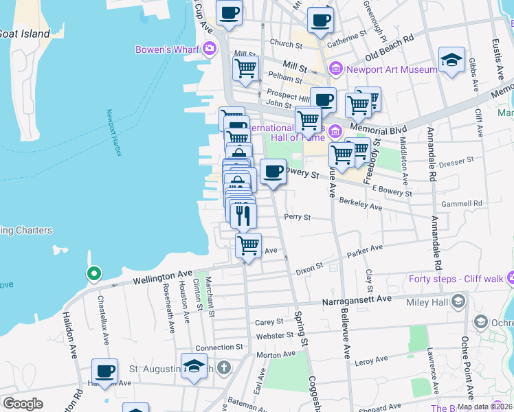 map of restaurants, bars, coffee shops, grocery stores, and more near South Baptist Street in Newport