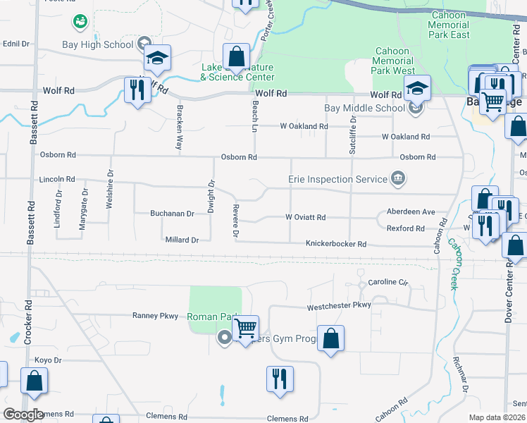 map of restaurants, bars, coffee shops, grocery stores, and more near 28602 West Oviatt Road in Bay Village