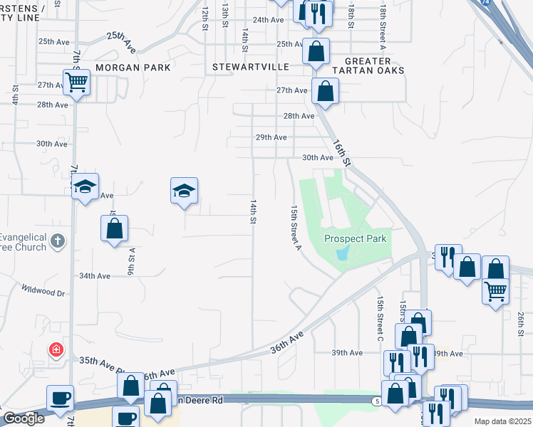 map of restaurants, bars, coffee shops, grocery stores, and more near 3300 14th Street in Moline
