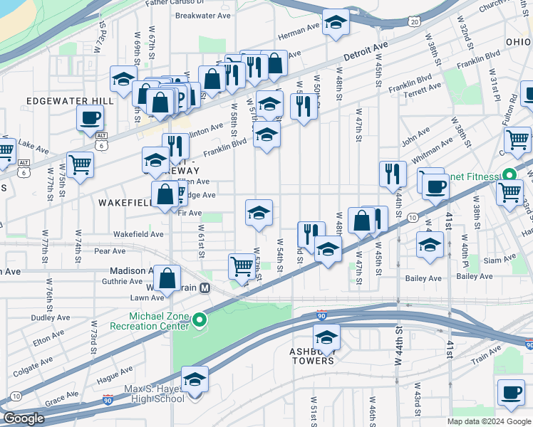 map of restaurants, bars, coffee shops, grocery stores, and more near 5512 Courtland Ct in Cleveland