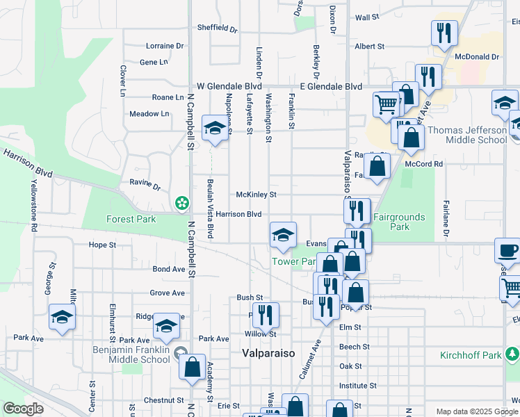 map of restaurants, bars, coffee shops, grocery stores, and more near 53 Harrison Boulevard in Valparaiso