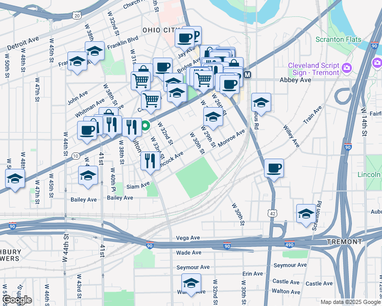 map of restaurants, bars, coffee shops, grocery stores, and more near 2217 West 32nd Street in Cleveland