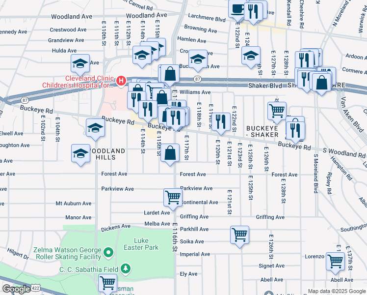 map of restaurants, bars, coffee shops, grocery stores, and more near 2917 East 117th Street in Cleveland