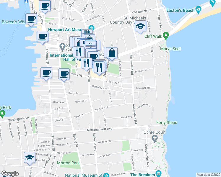 map of restaurants, bars, coffee shops, grocery stores, and more near 26 Berkeley Avenue in Newport