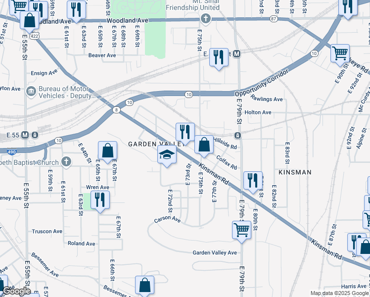 map of restaurants, bars, coffee shops, grocery stores, and more near 7201 Kinsman Road in Cleveland