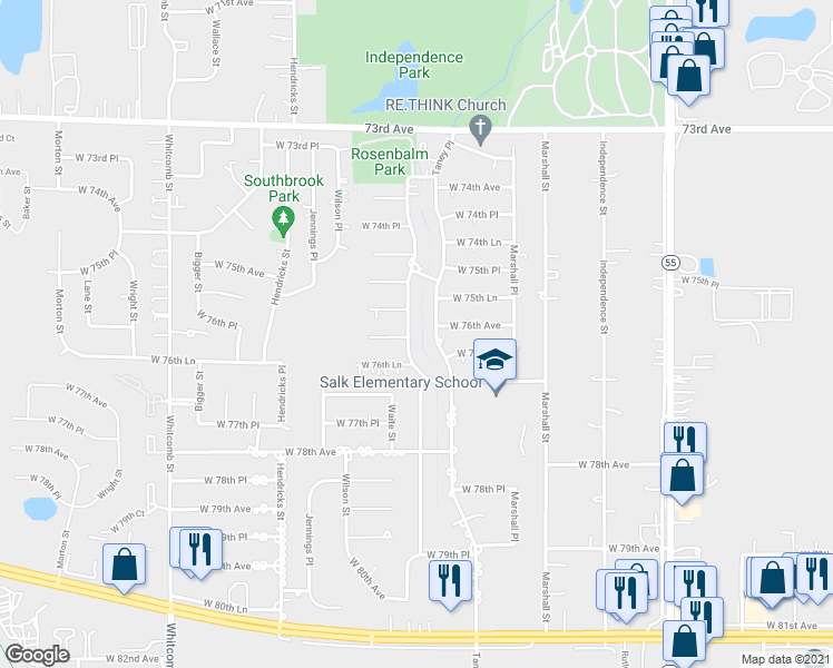 map of restaurants, bars, coffee shops, grocery stores, and more near 7555 Chase Street in Merrillville