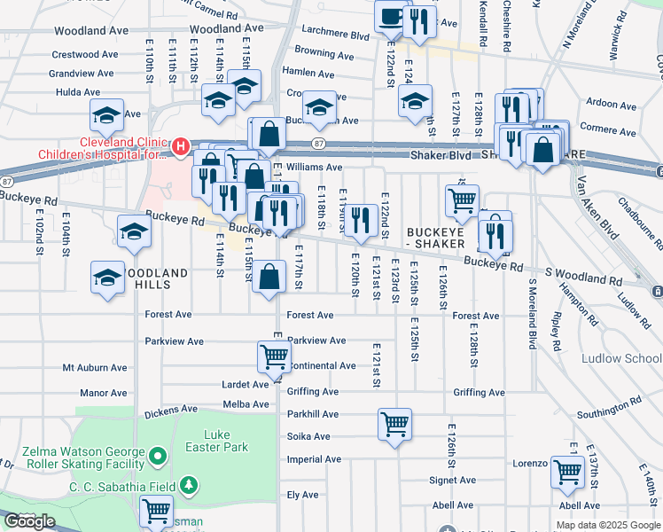 map of restaurants, bars, coffee shops, grocery stores, and more near 2915 East 119th Street in Cleveland