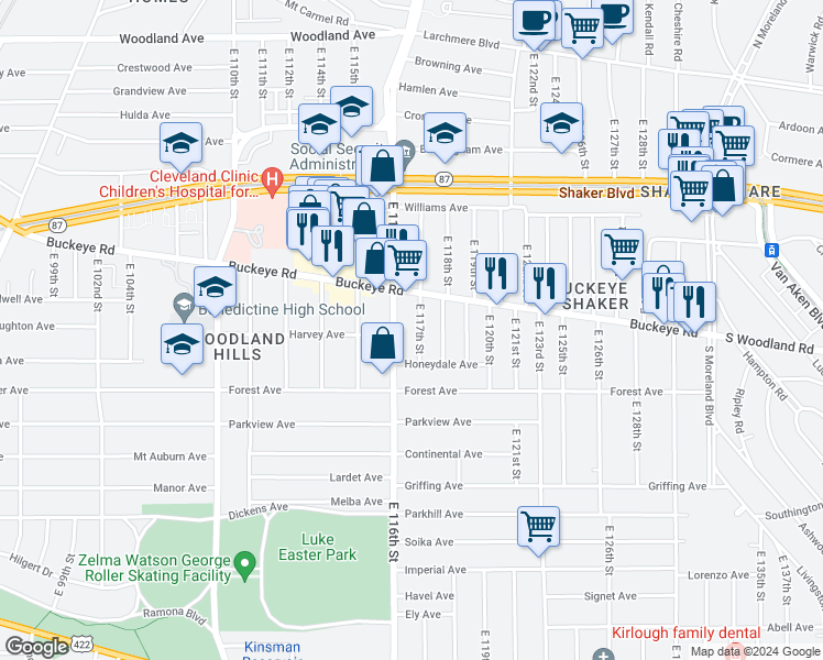 map of restaurants, bars, coffee shops, grocery stores, and more near 2917 East 117th Street in Cleveland