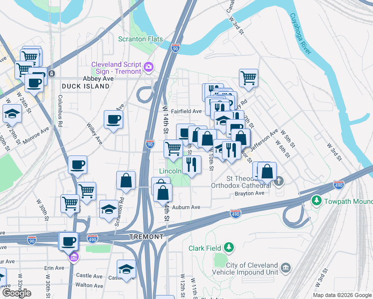 map of restaurants, bars, coffee shops, grocery stores, and more near 1208 Starkweather Avenue in Cleveland