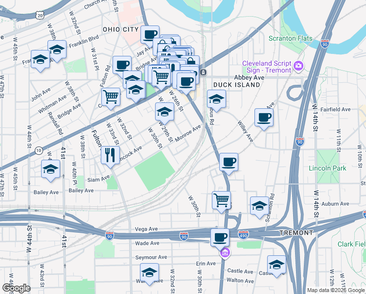 map of restaurants, bars, coffee shops, grocery stores, and more near 2828 York Avenue in Cleveland