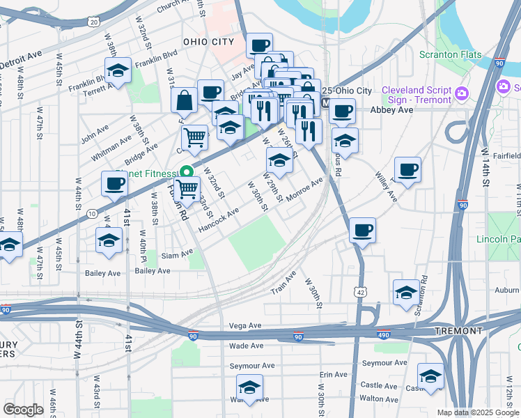 map of restaurants, bars, coffee shops, grocery stores, and more near 3015 Monroe Avenue in Cleveland