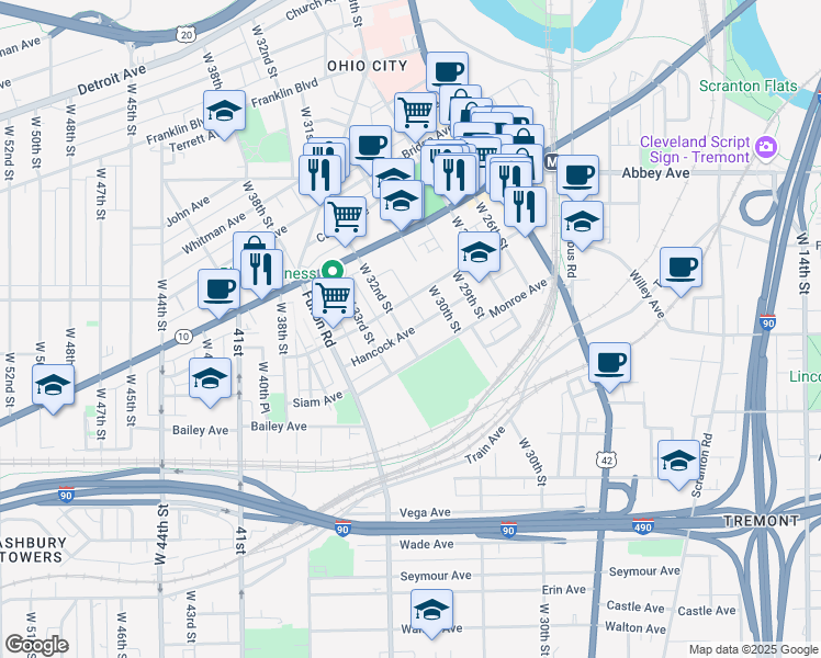 map of restaurants, bars, coffee shops, grocery stores, and more near 2217 West 32nd Street in Cleveland