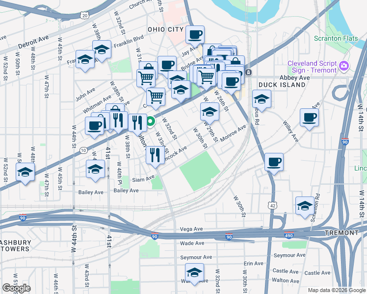 map of restaurants, bars, coffee shops, grocery stores, and more near 2217 West 32nd Street in Cleveland