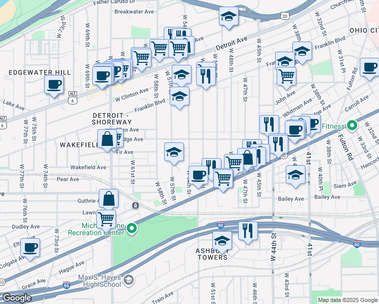 map of restaurants, bars, coffee shops, grocery stores, and more near 1905 West 54th Street in Cleveland