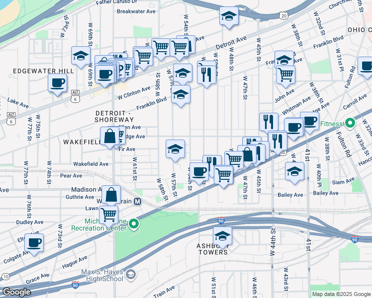 map of restaurants, bars, coffee shops, grocery stores, and more near 5512 Courtland Court in Cleveland
