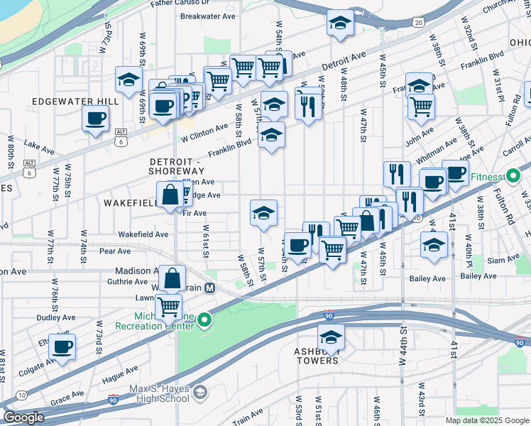 map of restaurants, bars, coffee shops, grocery stores, and more near 5512 Courtland Court in Cleveland