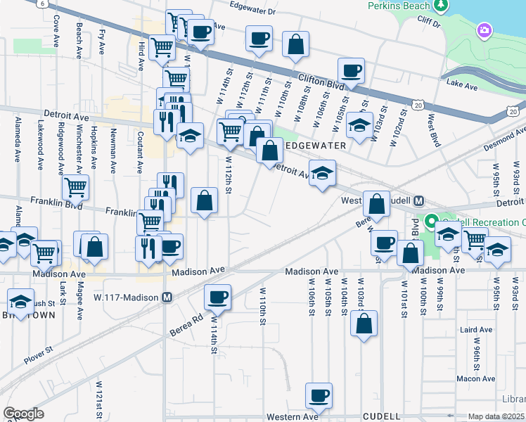 map of restaurants, bars, coffee shops, grocery stores, and more near 10919 Franklin Boulevard in Cleveland