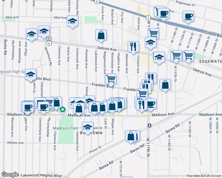 map of restaurants, bars, coffee shops, grocery stores, and more near 1563 Winchester Avenue in Lakewood