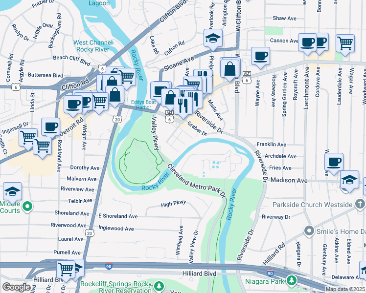 map of restaurants, bars, coffee shops, grocery stores, and more near 1431 Scenic Street in Lakewood