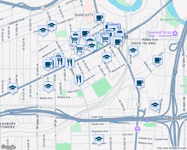 map of restaurants, bars, coffee shops, grocery stores, and more near 2217 West 32nd Street in Cleveland