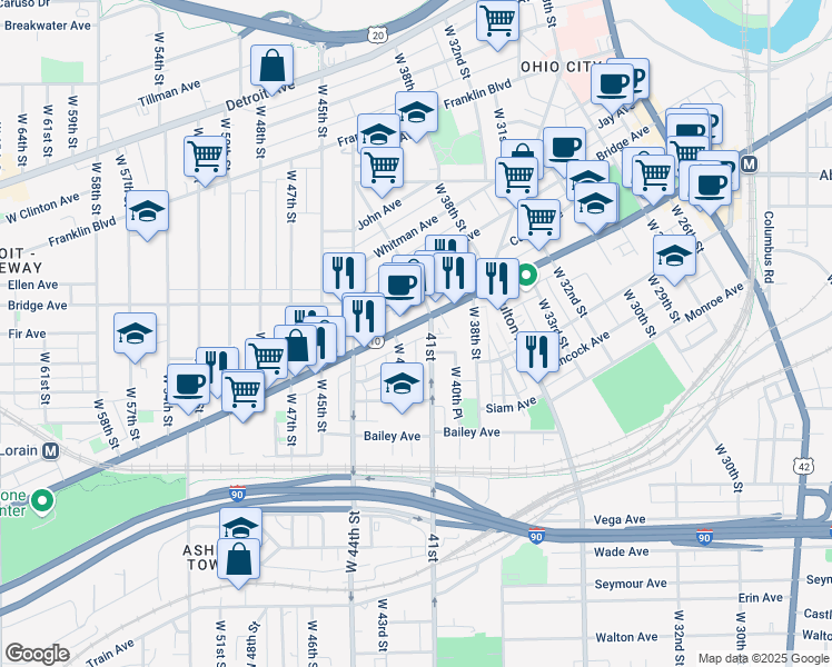 map of restaurants, bars, coffee shops, grocery stores, and more near 2046 West 41st Place in Cleveland