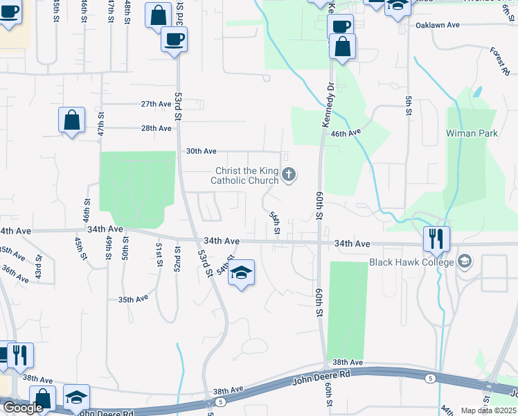 map of restaurants, bars, coffee shops, grocery stores, and more near 3215 56th Street in Moline
