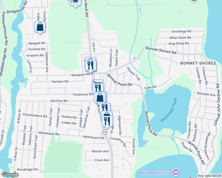 map of restaurants, bars, coffee shops, grocery stores, and more near 20 Aroostook Trail in Narragansett