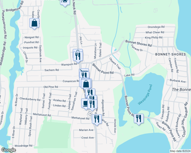 map of restaurants, bars, coffee shops, grocery stores, and more near 20 Aroostook Trail in Narragansett