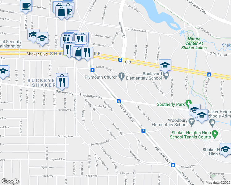 map of restaurants, bars, coffee shops, grocery stores, and more near 2935 Van Aken Boulevard in Cleveland