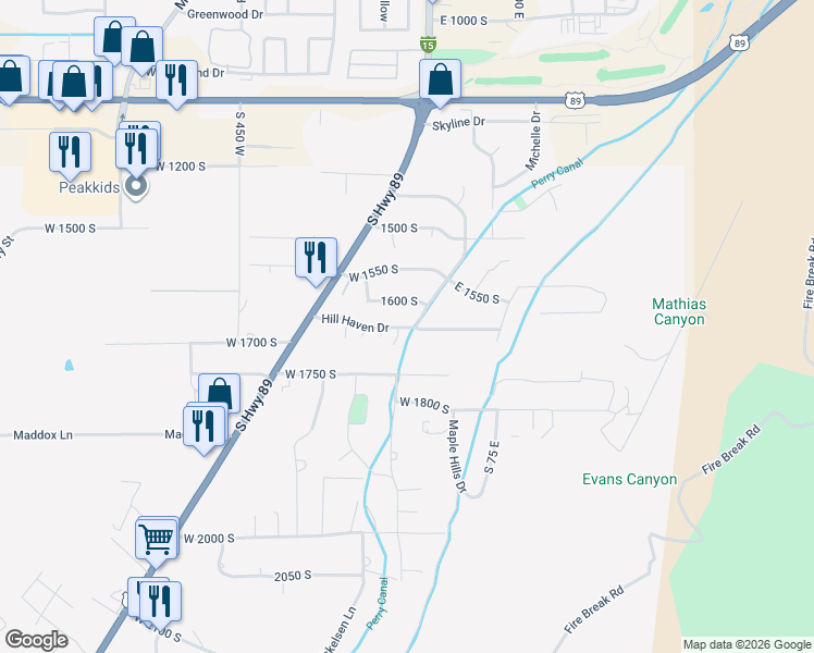 map of restaurants, bars, coffee shops, grocery stores, and more near 288 Hill Haven Drive in Perry