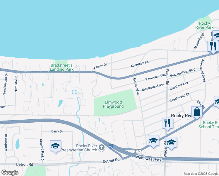 map of restaurants, bars, coffee shops, grocery stores, and more near 460 Parklawn Drive in Rocky River