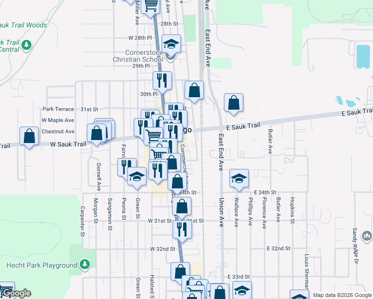 map of restaurants, bars, coffee shops, grocery stores, and more near 3229 Commercial Avenue in South Chicago Heights