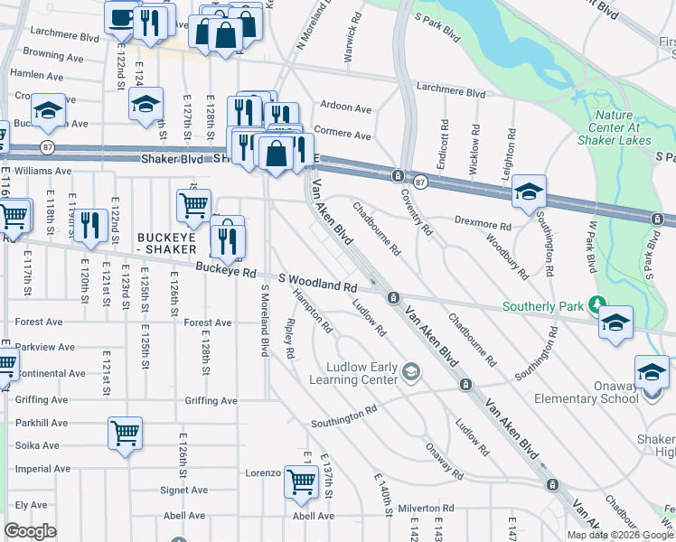 map of restaurants, bars, coffee shops, grocery stores, and more near 2920 Van Aken Boulevard in Cleveland