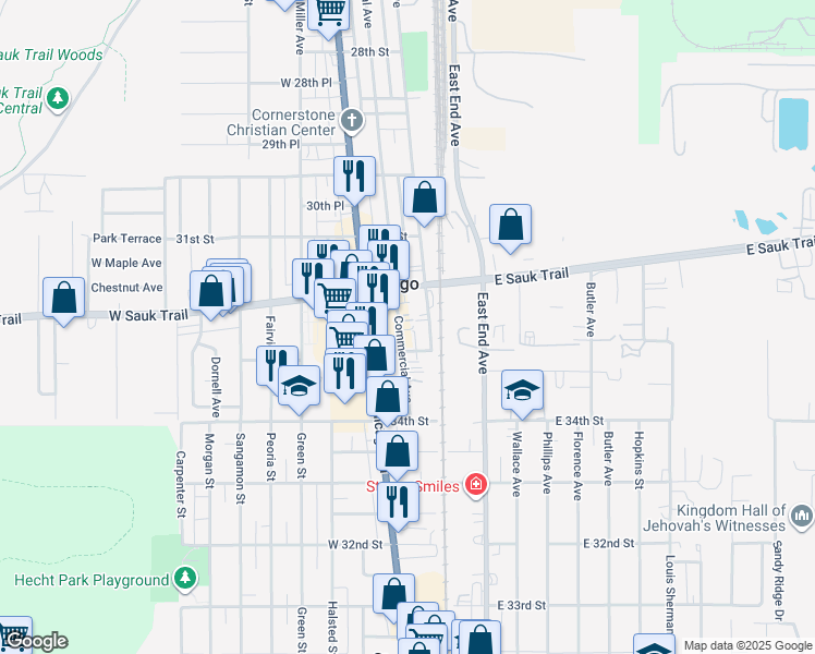 map of restaurants, bars, coffee shops, grocery stores, and more near 3233 Commercial Avenue in South Chicago Heights