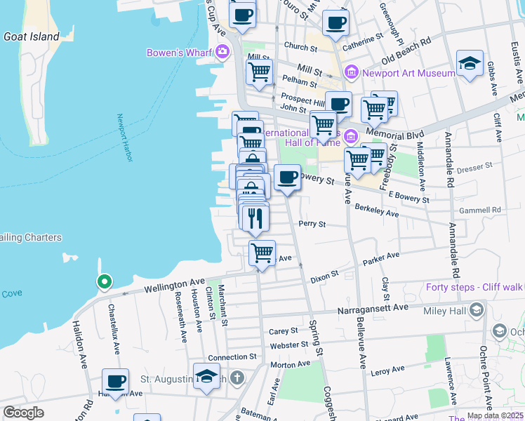 map of restaurants, bars, coffee shops, grocery stores, and more near 501 Thames Street in Newport
