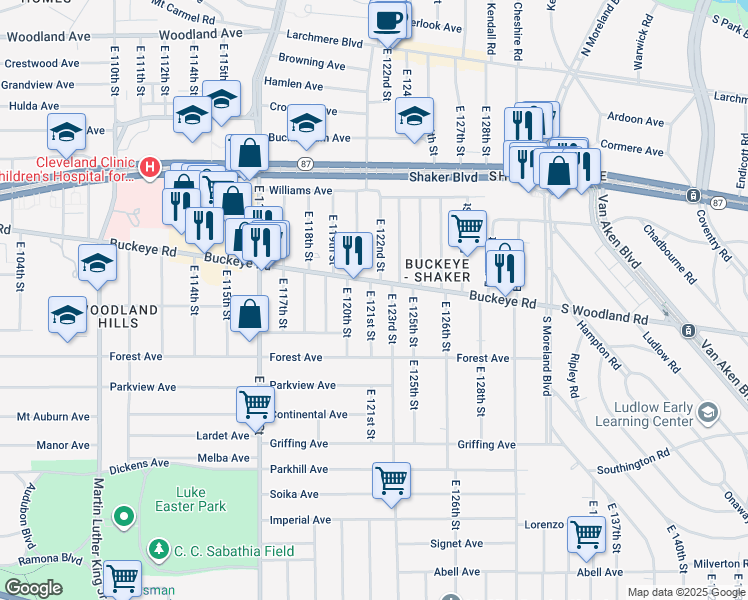 map of restaurants, bars, coffee shops, grocery stores, and more near 2901 East 121st Street in Cleveland