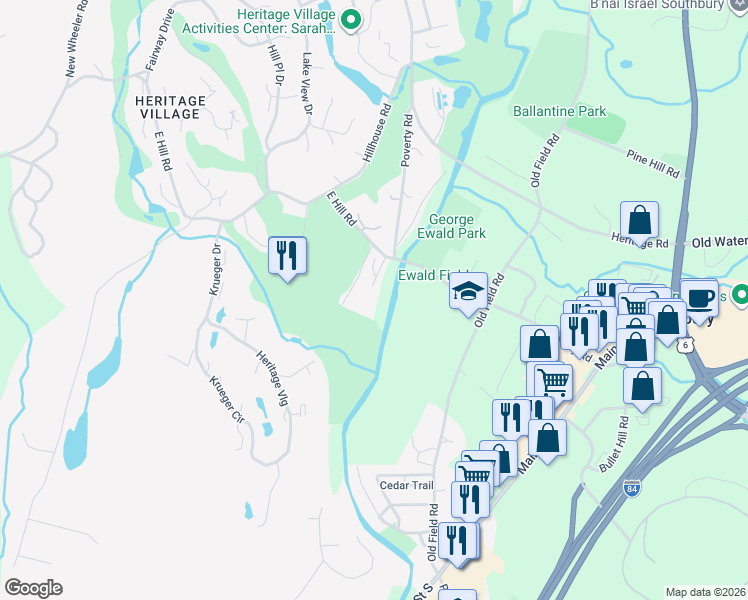 map of restaurants, bars, coffee shops, grocery stores, and more near 44 East Meadow Road in Southbury